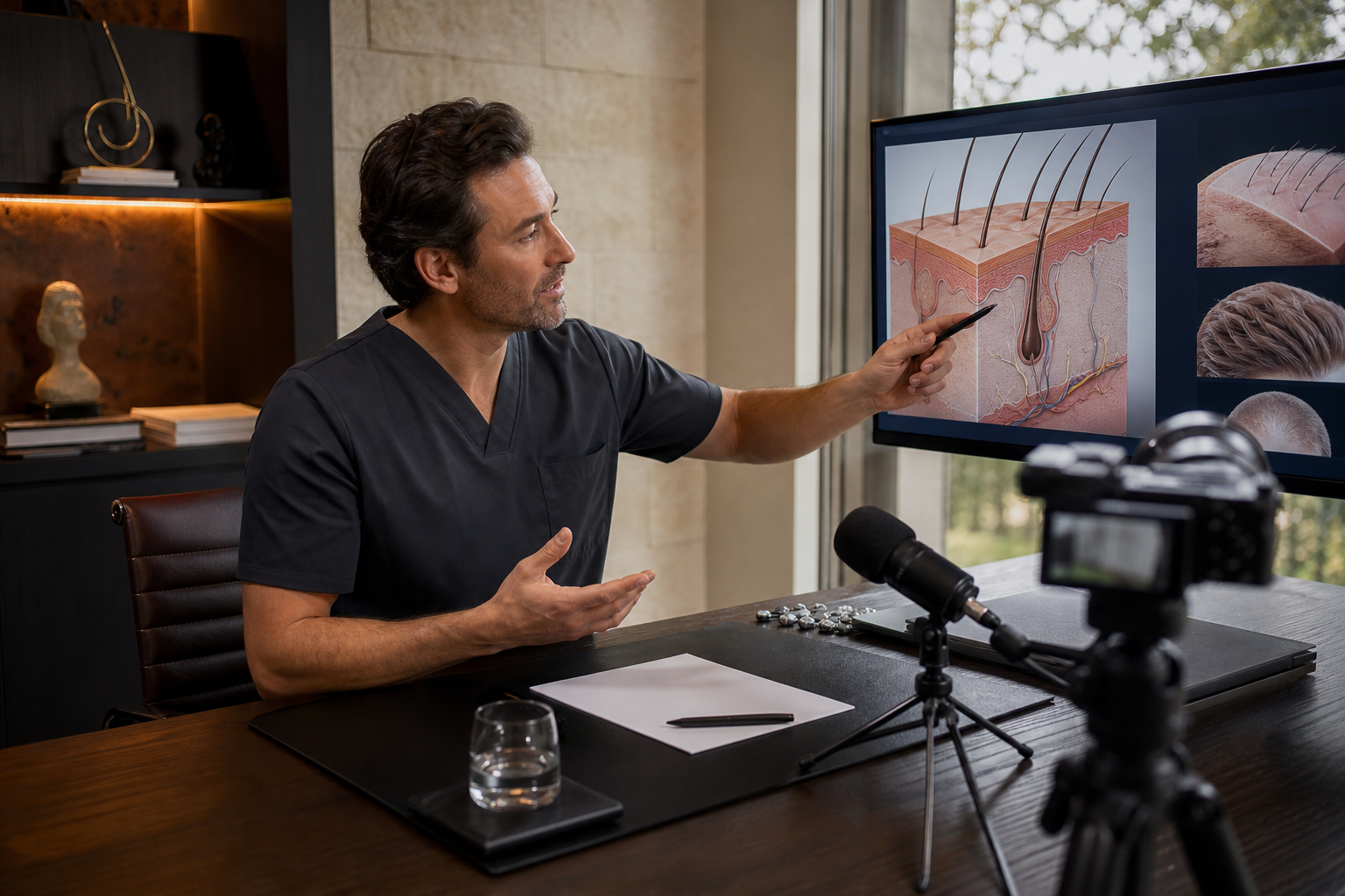 Médecin enregistrant une masterclass en ligne sur la médecine capillaire